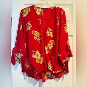 West Kei Red Wrap Blouse with 3/4 Tie Sleeves large Beautiful! Yellow Nordstrom